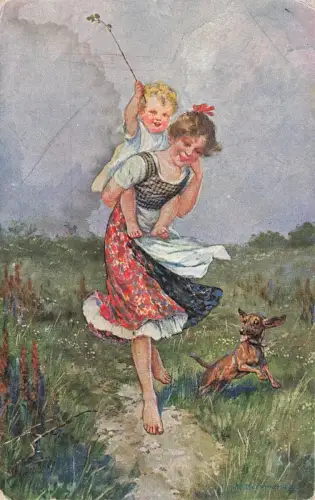 AK R. Borrmeister goldene Jugend Mutter mit Kind Hund 1919 Künstlerkarte