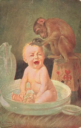 AK A. Riesen Affe laust weinendes Baby in Waschschüssel 1918 gelaufen Feldpost