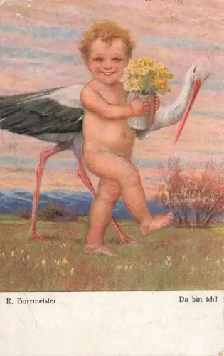 AK R. Borrmeister Da bin ich Storch bringt Baby 1927 gelaufen Künstlerkarte