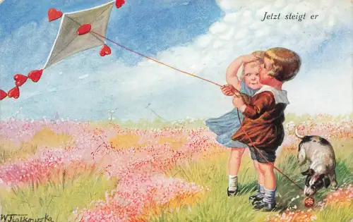 W. Fialkowksa Jetzt steigt er Kinder Drachen steigen Hund 1928 Künstlerkarte