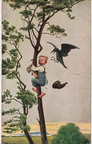 AK N. Wiwel ,,Eine Rabenmutter´´ Krähe erschreckt kleinen Buben am Baum