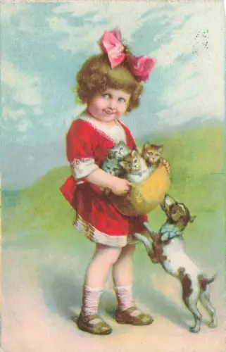 AK kleines Mädchen mit Kätzchen im Korb und Hund 1927 gelaufen Postkarte