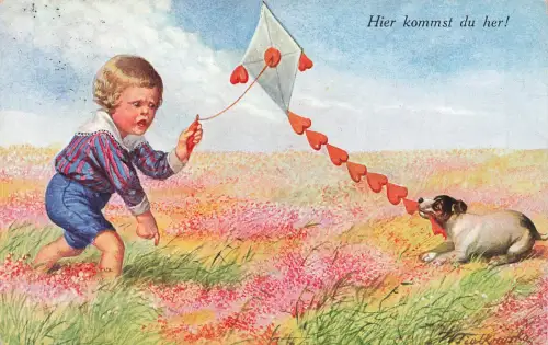 W. Fialkowksa Hier kommst du her Hund klaut Drachen von Kind 1928 Künstlerkarte