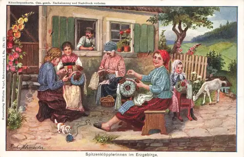 AK R. Schneider Spitzenklöpplerinnen im Erzgebirge Handarbeit 1927 Künstlerkarte