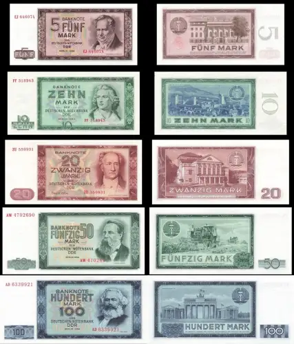 DDR Banknoten Satz 5-100 Mark 1964 UNC Kassenfrisch original komplett