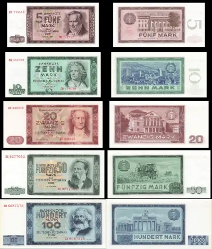 DDR Banknoten Satz 5-100 Mark 1964 Ersatznoten Kassenfrisch / UNC Original