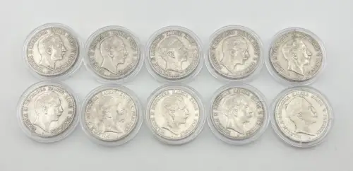 Konvolut 10 x 5 Mark Preußen Wilhelm II. 900 Silber Kaiserreich 1900 - 1908