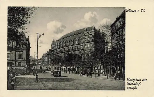 AK Plauen Postplatz Bahnhofsstraße Vogtland Sachsen ungelaufen Postkarte