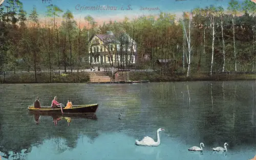 AK Crimmitschau Sahnpark Teich Forsthaus Schwäne Sachsen 1916 Feldpostkarte