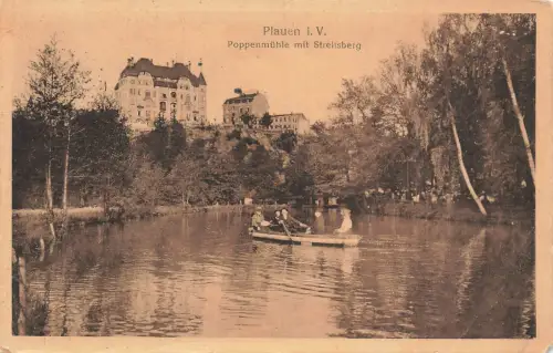 AK Plauen Poppenmühle Streitsberg Ruderboot Vogtland Sachsen 1937 Postkarte