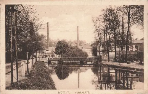 AK Werdau Wehrplatz Teich Sachsen 1918 gelaufen Feldpostkarte