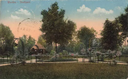 AK Werdau Stadtpark Sachsen 1918 gelaufen Feldpostkarte