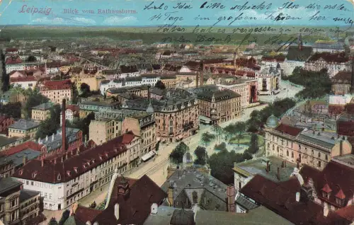 AK Leipzig Stadtansicht vom Rathausturm Sachsen gelaufen Postkarte