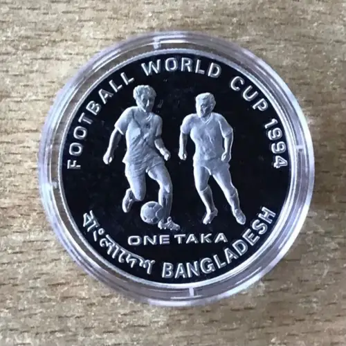 Bangladesch 1 Taka 1993 Mittelfeld Fußball PP Silbermünze Mit Zertifikat