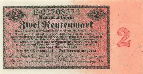RENTENBANKSCHEIN 2 Rentenmark, 01.11.1923, DEU-200a UNC / Kassenfrisch