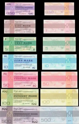 Orig. DDR Banknoten Satz 0,50-500 Mark FORUM-Warenschecks Kassenfrisch / UNC