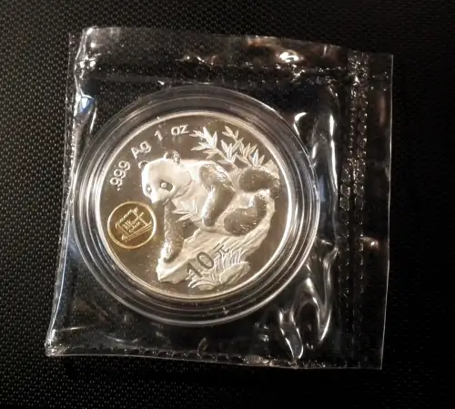 China 1oz 10 Yuan 1998 Panda Airshow Silber PP in Folie org. verschweißt