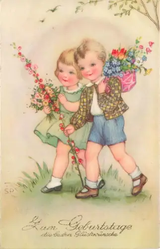 AK Geburtstag süße Kinder Blumenstrauß 1940 gelaufen Postkarte geprägt