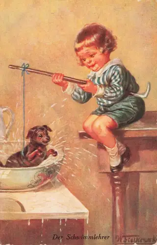 AK W. Fialkowksi Der Schwimmlehrer Kind bringt Hund schwimmen bei 1928 Postkarte