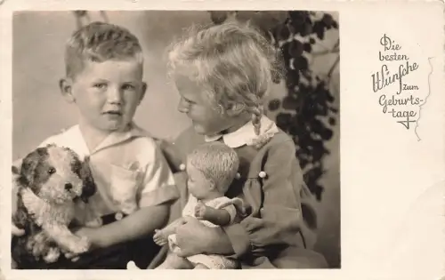 AK Geburtstag die besten Wünsche Kinder mit Hund und Puppe 1939 Postkarte