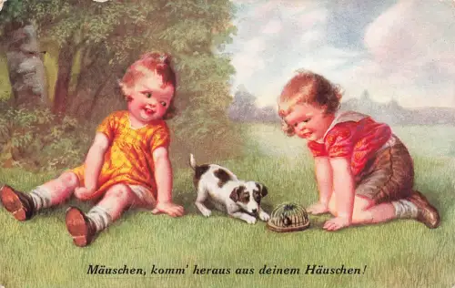AK Kinder Hund Mäuschen komm heraus aus deinem Häuschen 1928 Postkarte