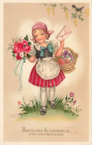 AK Hannes Petersen Künstlerkarte Geburtstag süßes Mädchen Geschenkkorb 1940