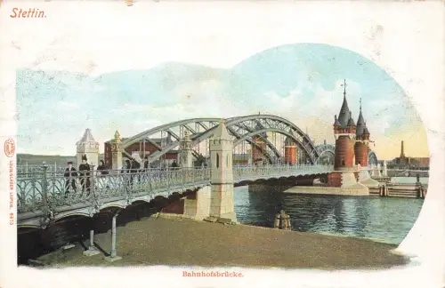 AK Stettin Bahnhofsbrücke Oder Pommern ungelaufen Postkarte