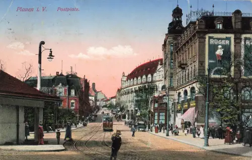 AK Plauen Postplatz Straßenbahn Sachsen Vogtland 1916 gelaufen Postkarte