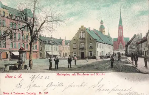 AK Aue Marktplatz Rathaus Kirche Sachsen Erzgebirge 1902 gelaufen Postkarte
