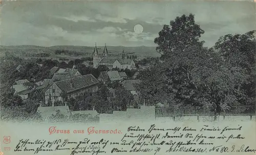 AK Gernrode Stadtansicht bei Nacht Kirche Sachsen-Anhalt 1900 Mondscheinkarte
