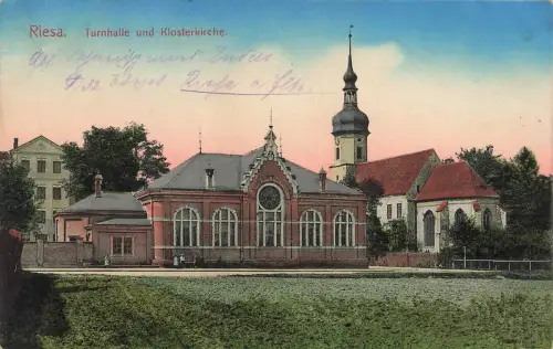 AK Riesa Turnhalle Klosterkirche Sachsen 1915 gelaufen Feldpostkarte