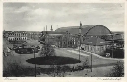 AK Bremen Hauptbahnhof Straßenbahn Bremen 1934 gelaufen Postkarte