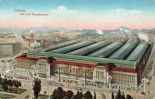 AK Leipzig Gesamtansicht Hauptbahnhof Straßenbahnen Sachsen 1915 Feldpostkarte