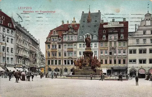 AK Leipzig Marktplatz Geschäfte Siegesdenkmal Sachsen 1909 gelaufen Postkarte