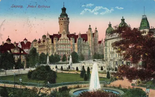 AK Leipzig Neues Rathaus Springbrunnen Sachsen 1917 gelaufen Postkarte