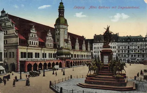AK Leipzig Altes Rathaus Siegesdenkmal Kutschen Sachsen 1921 gelaufen Postkarte