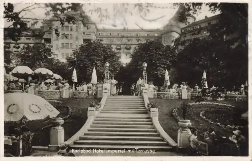 AK Karlsbad Karlovy Vary Hotel Imperial Terasse Böhmen gelaufen Postkarte