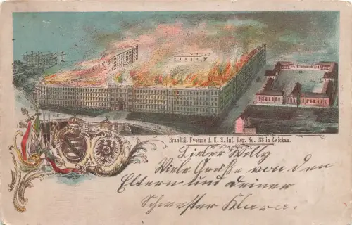 AK Zwickau Brand der Kaserne Inf. Regt.- No. 133 Sachsen 1897 gelaufen Postkarte