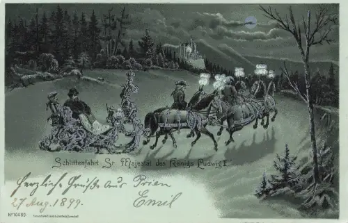 AK 1.WK Schlittenfahrt König Ludwig II. 1899 gelaufen Mondscheinkarte Litho