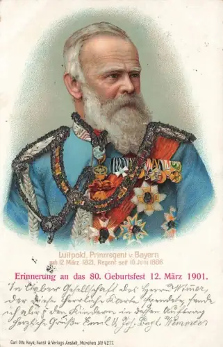 AK 1.WK Prinzregent Luitpold von Bayern 1901 Patriotika Postkarte Glitzerbesatz