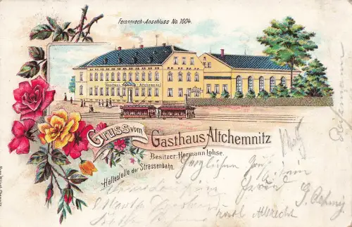 AK Chemnitz Gasthaus Altchemnitz Haltestelle Sachsen 1904 Postkarte Litho