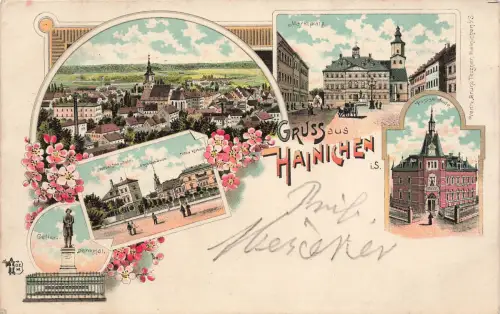 AK Hainichen Hotel Post Marktplatz Denkmal Sachsen ungelaufen Postkarte Litho