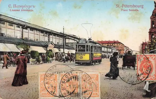 AK St. Petersburg Sennaja-Platz Straßenbahn Russland 1909 gelaufen Postkarte