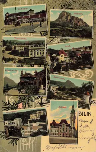 AK Bilin Panorama Café Rathaus Versandhaus Böhmen 1913 gelaufen Postkarte