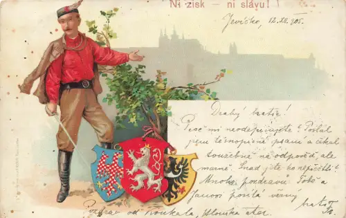 AK Ni zisk - ni slávu! Sokol Böhmen 1905 gelaufen Postkarte