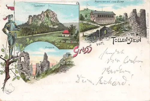 AK Tollenstein Restaurant Eingang Böhmen 1898 gelaufen Postkarte Litho