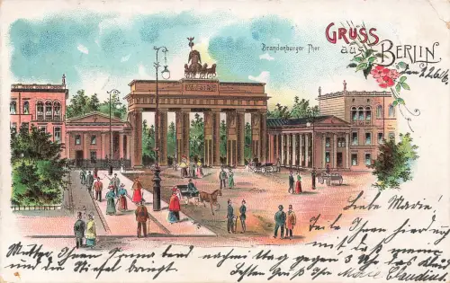 AK Berlin Brandenburger Tor Pferdekutsche Berlin 1906 gelaufen Postkarte Litho