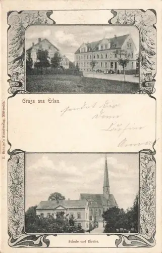 AK Erlau Schule Kirche Sachsen 1904 gelaufen Postkarte