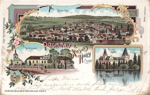 AK Kosovy Hory Kostel a zámek Červený Hrádek Böhmen 1899 Postkarte Litho