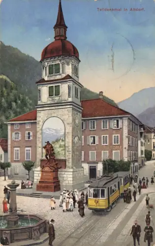AK Altdorf Telldenkmal Straßenbahn Brunnen Bayern 1920 gelaufen Postkarte